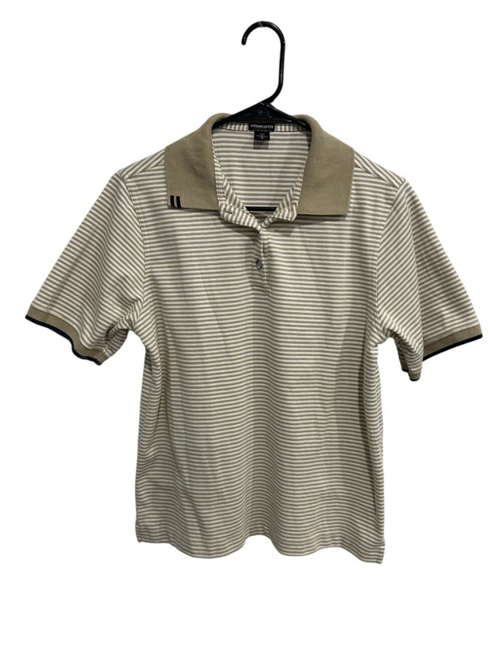 Ashworth Beige Striped Short Sleeve Polo Shirt Size Small Cotton Sporty